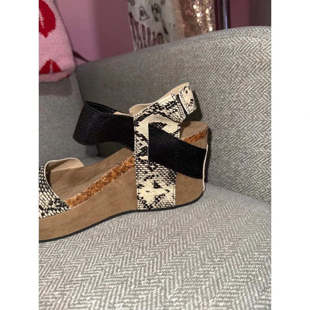 Pierre Dumas‎ Womens Snakeskin Print Platform Wedge Sandals Tan Black Size 10